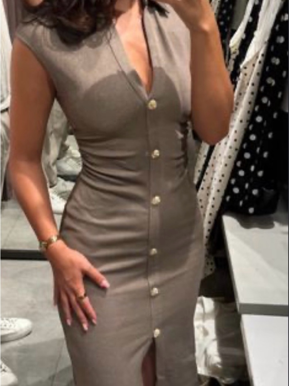 Zara brand new Sleeveless Taupe Midi Dress with Gold Buttons